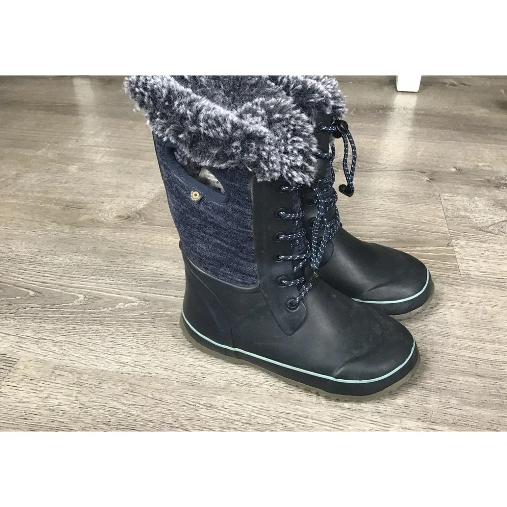 Bogs Youth Size 3 Arcata Girls Knit Blue Faux Fur Winter Snow Boots Waterproof